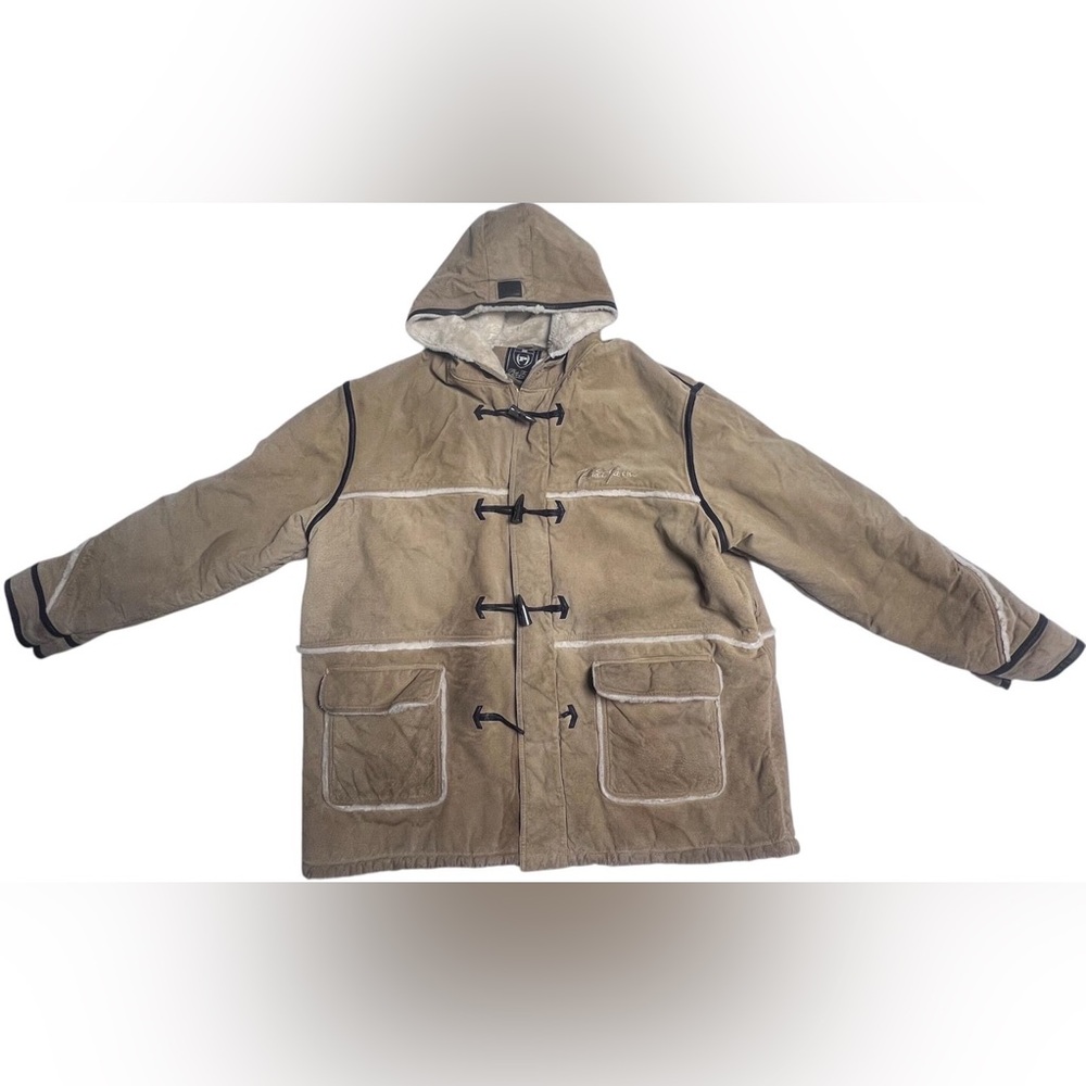 Phat Farm tan suede leather jacket with a fur-lined hood and toggle closures
